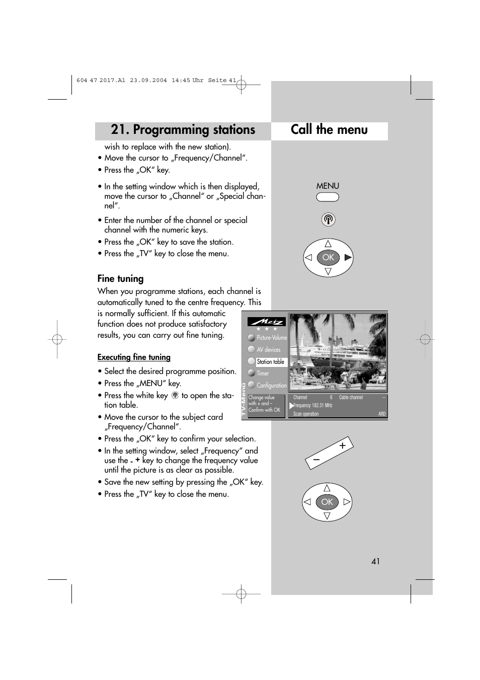 Programming stations call the menu, Fine tuning | Metz MF 72TL68 User Manual | Page 41 / 64