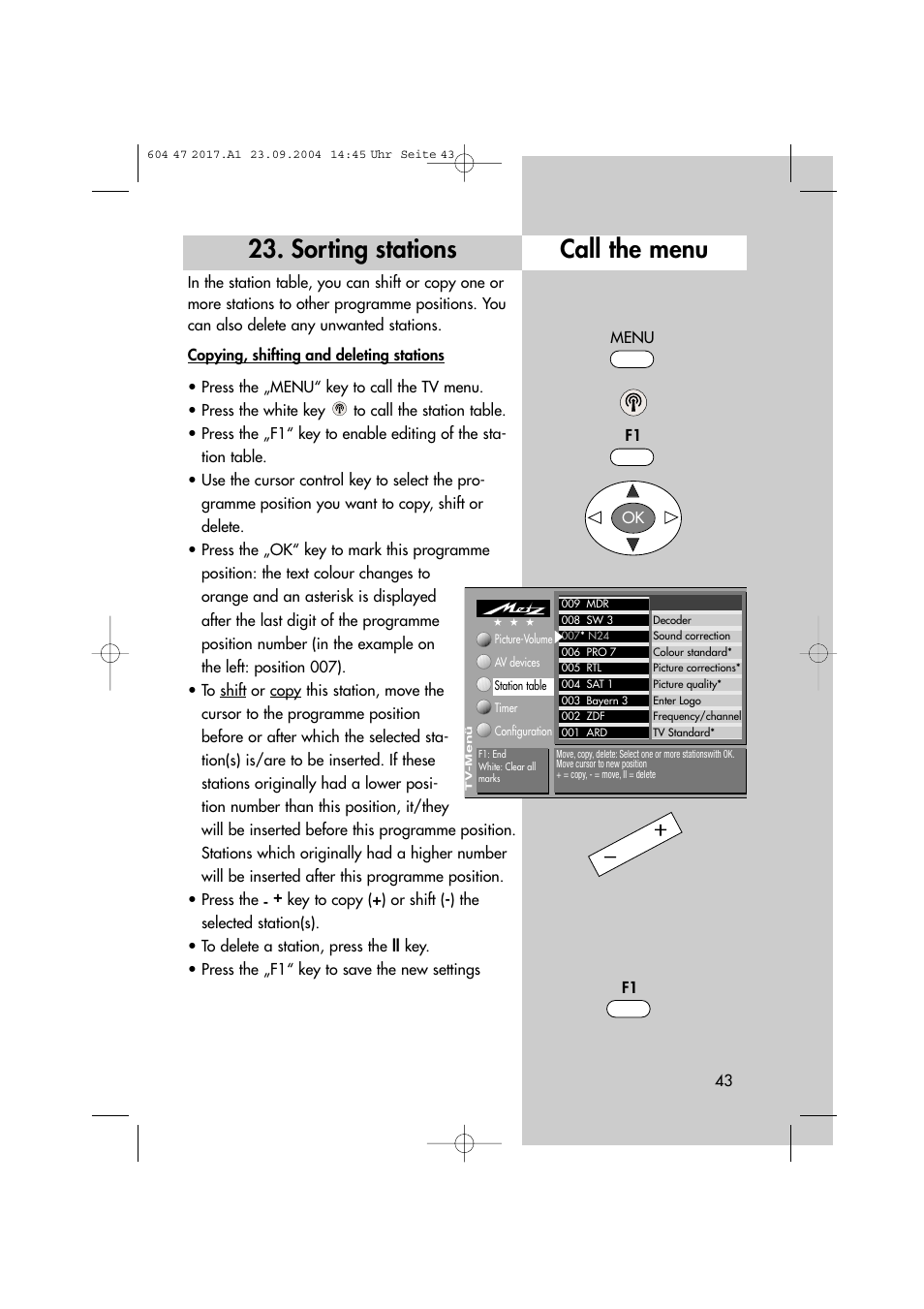 Sorting stations, Call the menu | Metz MF 72TL68 User Manual | Page 43 / 64