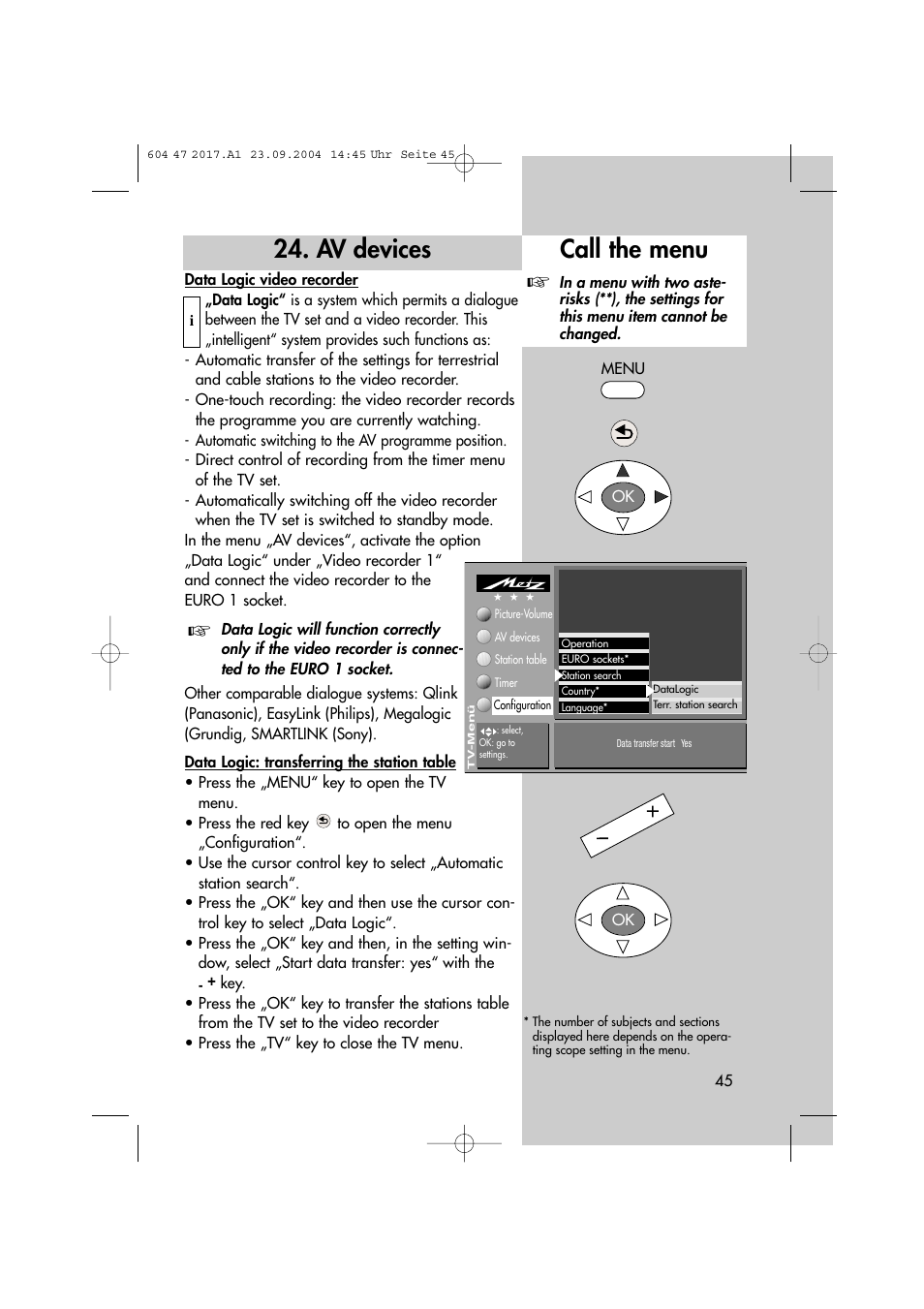 Av devices, Call the menu | Metz MF 72TL68 User Manual | Page 45 / 64