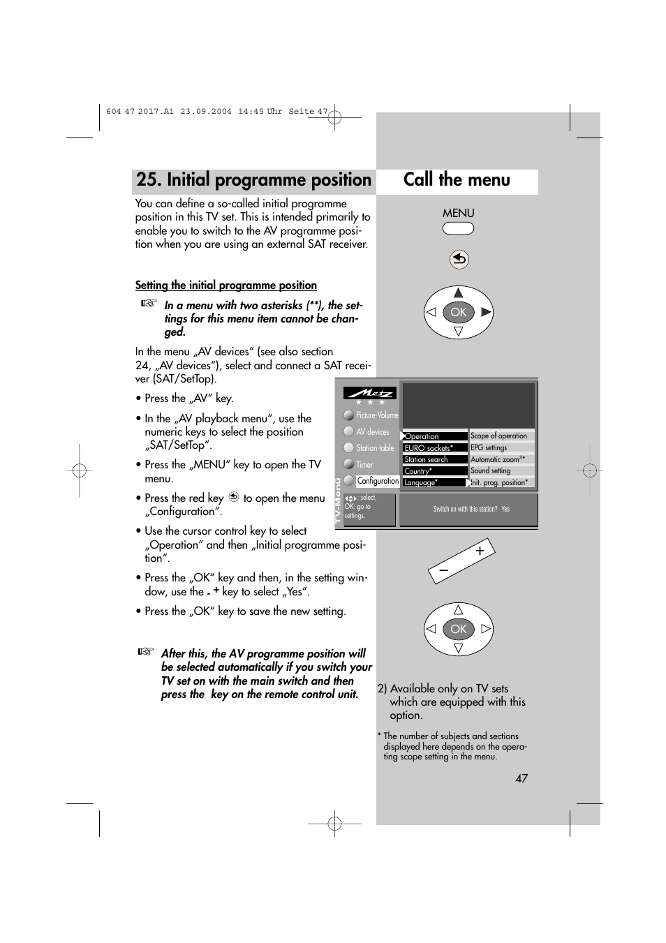 Initial programme position call the menu | Metz MF 72TL68 User Manual | Page 47 / 64