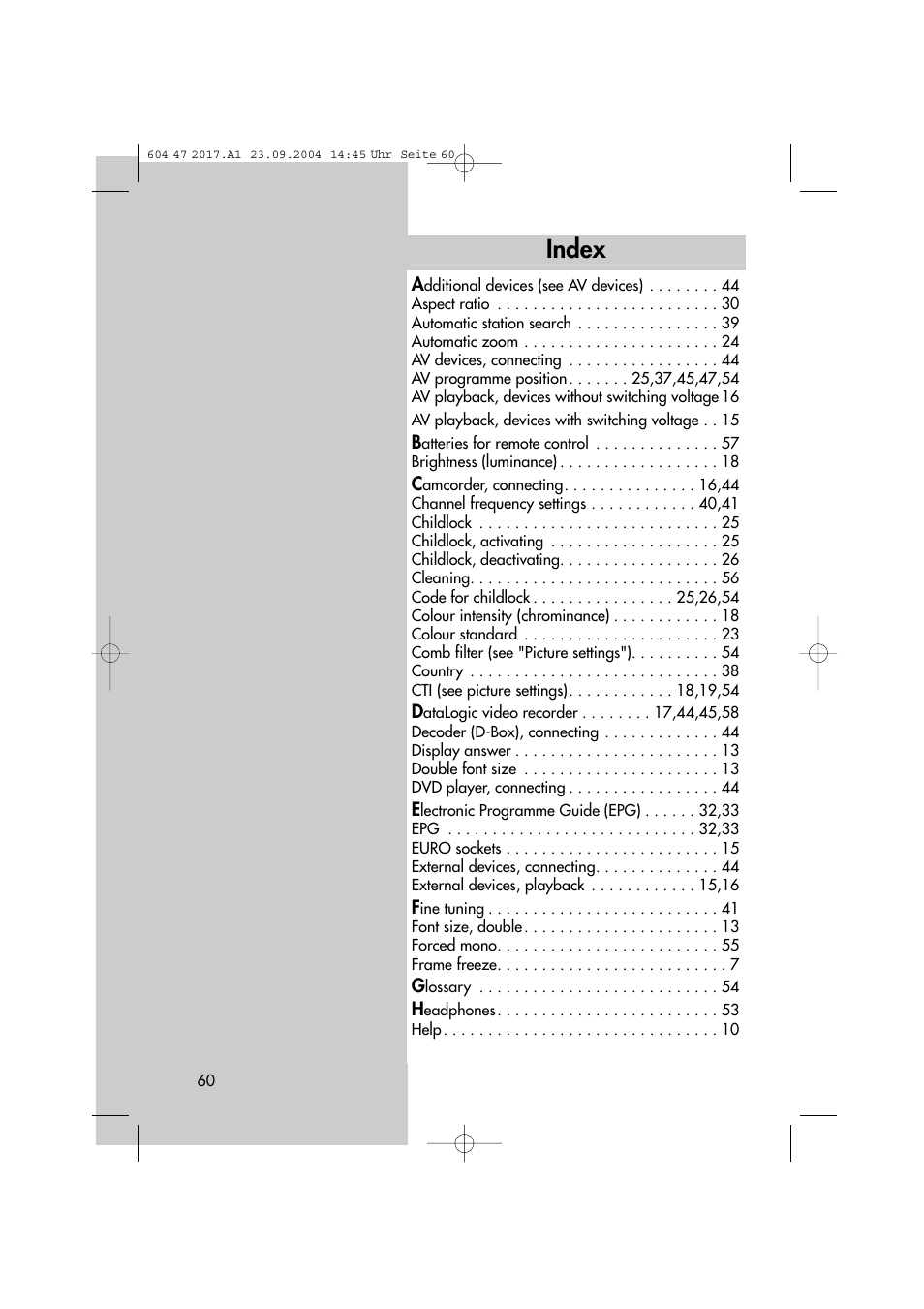 Index | Metz MF 72TL68 User Manual | Page 60 / 64