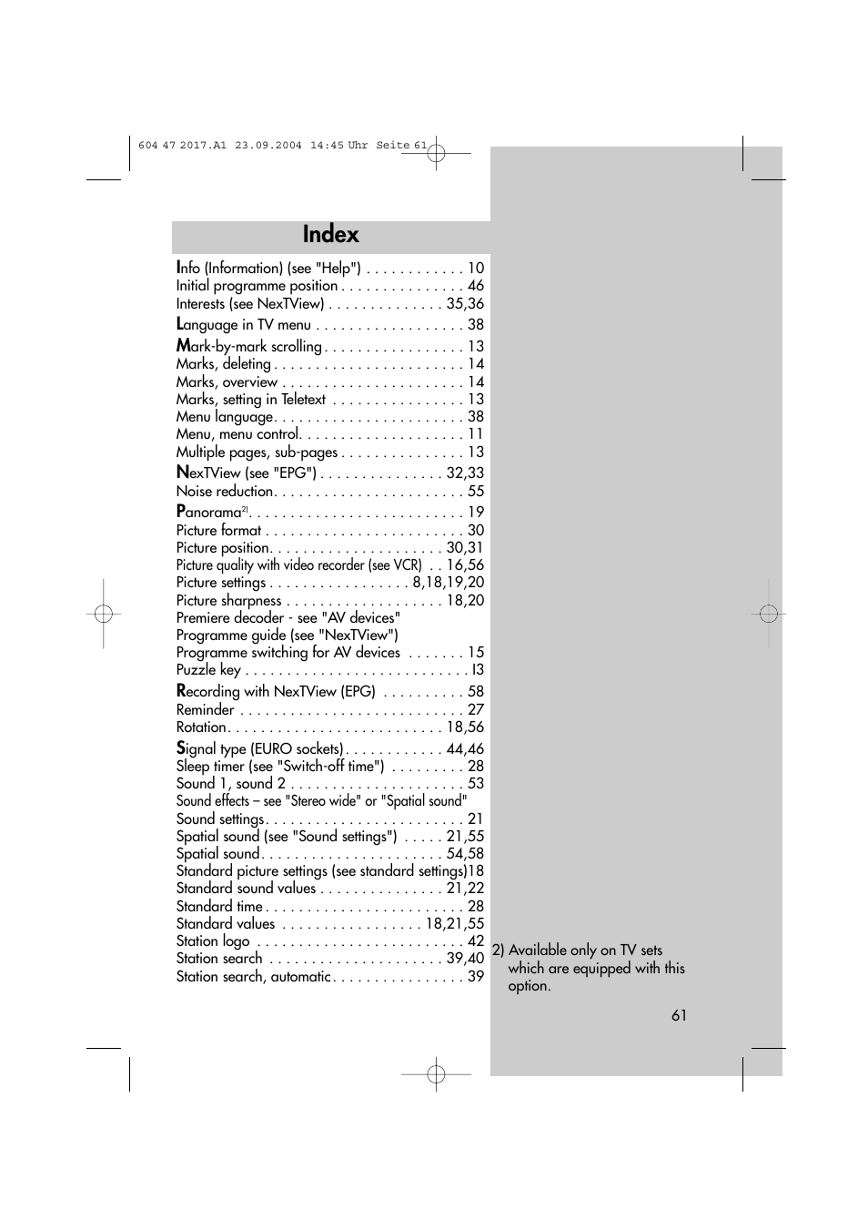 Index | Metz MF 72TL68 User Manual | Page 61 / 64