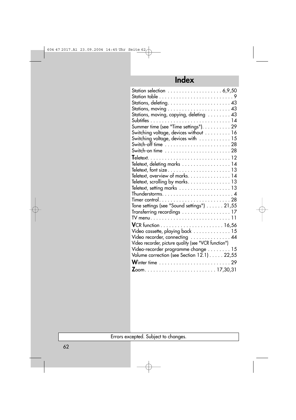 Index | Metz MF 72TL68 User Manual | Page 62 / 64