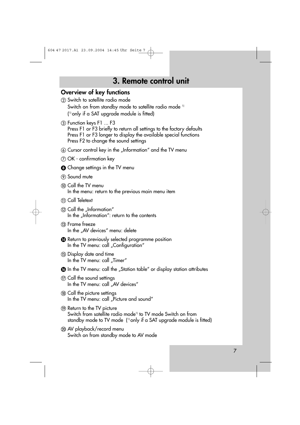 Remote control unit, Overview of key functions | Metz MF 72TL68 User Manual | Page 7 / 64