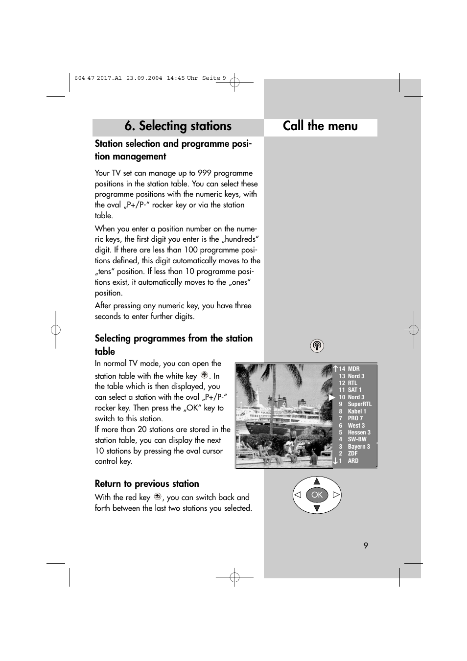 Selecting stations, Call the menu, Selecting programmes from the station table | Return to previous station | Metz MF 72TL68 User Manual | Page 9 / 64