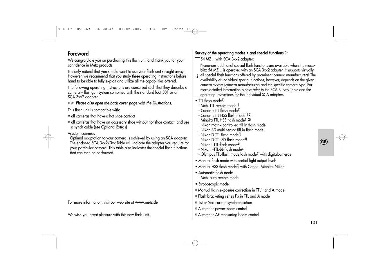 Metz MECABLITZ 54 MZ-4/4I User Manual | Page 101 / 206