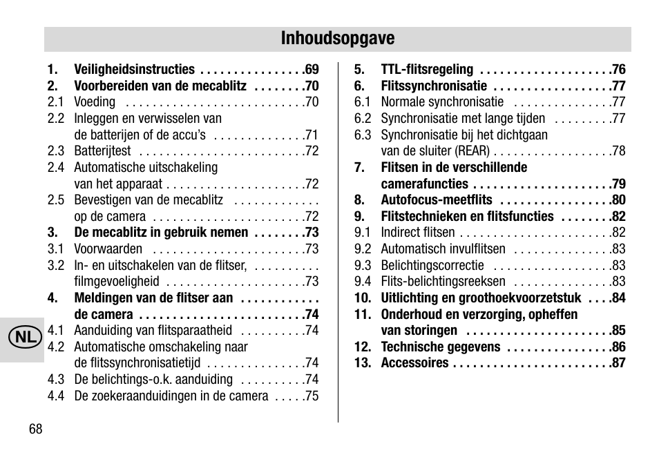 Inhoudsopgave | Metz 28 AF-4 N User Manual | Page 68 / 88