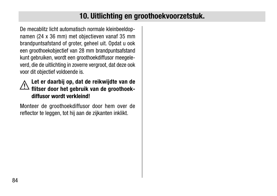 Uitlichting en groothoekvoorzetstuk | Metz 28 AF-4 N User Manual | Page 84 / 88