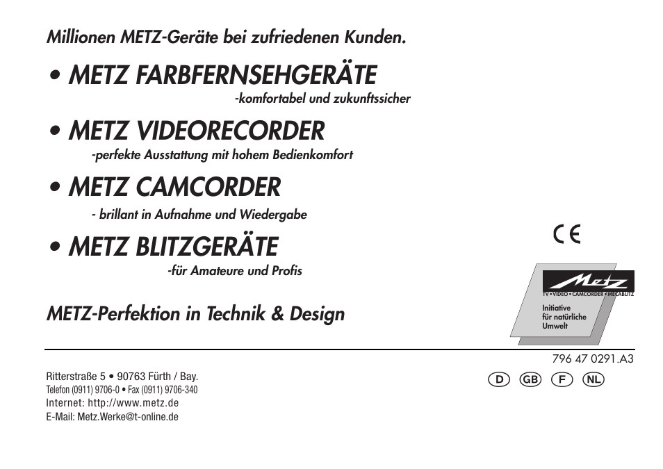 Ķ ķ ĸ ń, Metz farbfernsehgeräte, Metz videorecorder | Metz camcorder, Metz blitzgeräte, Metz-perfektion in technik & design | Metz 28 AF-4 N User Manual | Page 88 / 88
