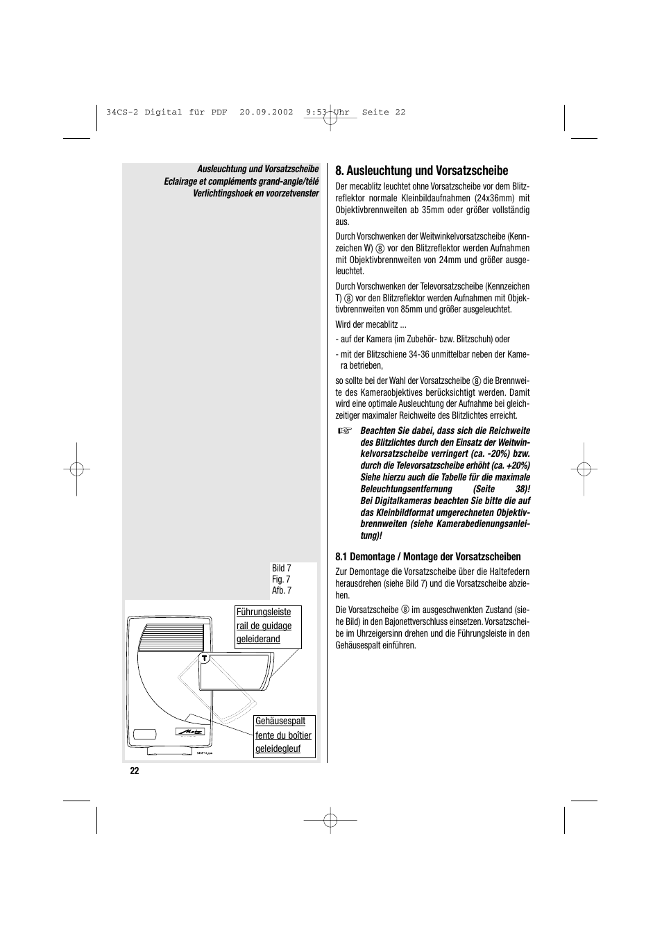 Ausleuchtung und vorsatzscheibe | Metz 34 CS-2 User Manual | Page 22 / 80