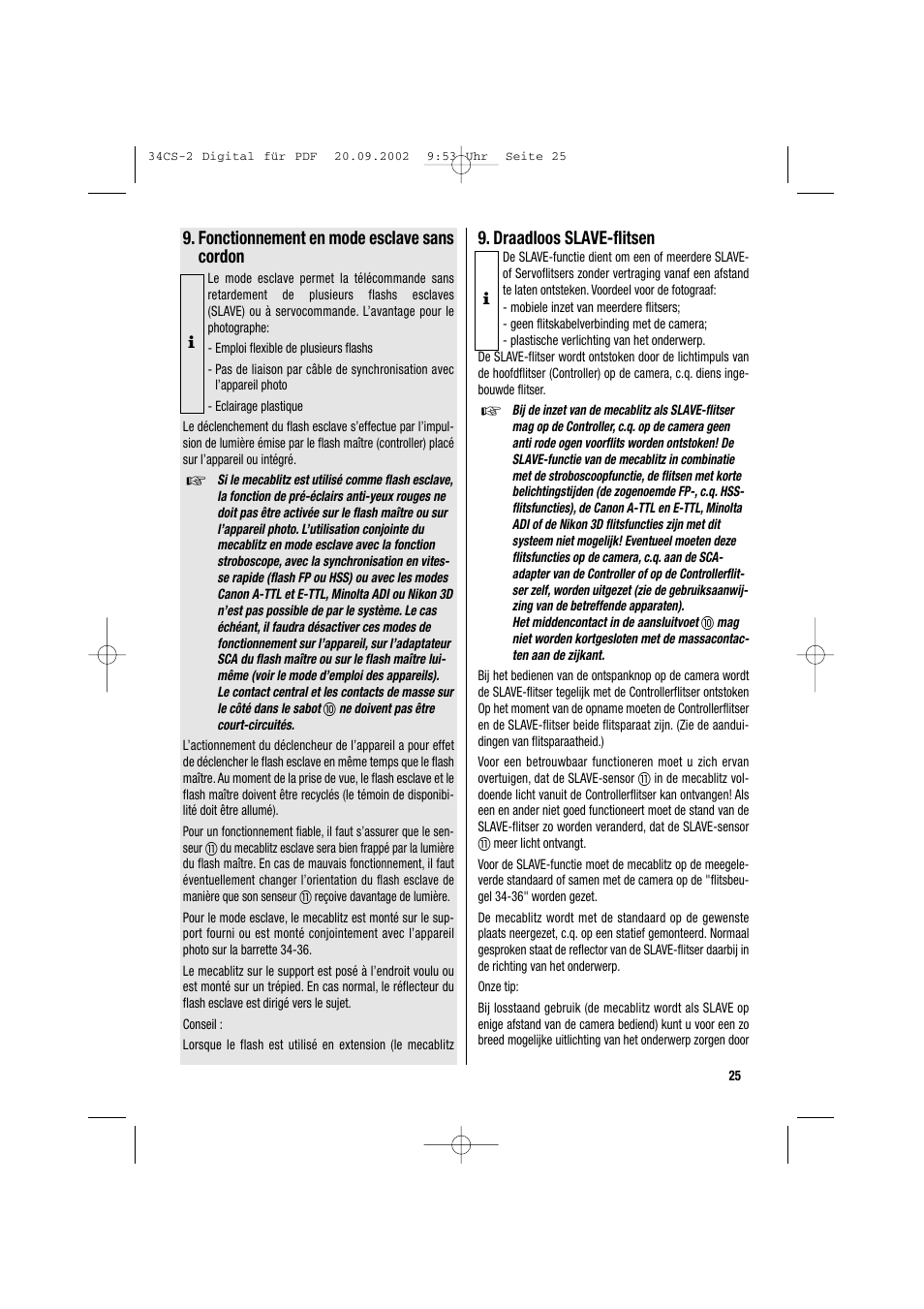 Fonctionnement en mode esclave sans cordon, Draadloos slave-flitsen | Metz 34 CS-2 User Manual | Page 25 / 80
