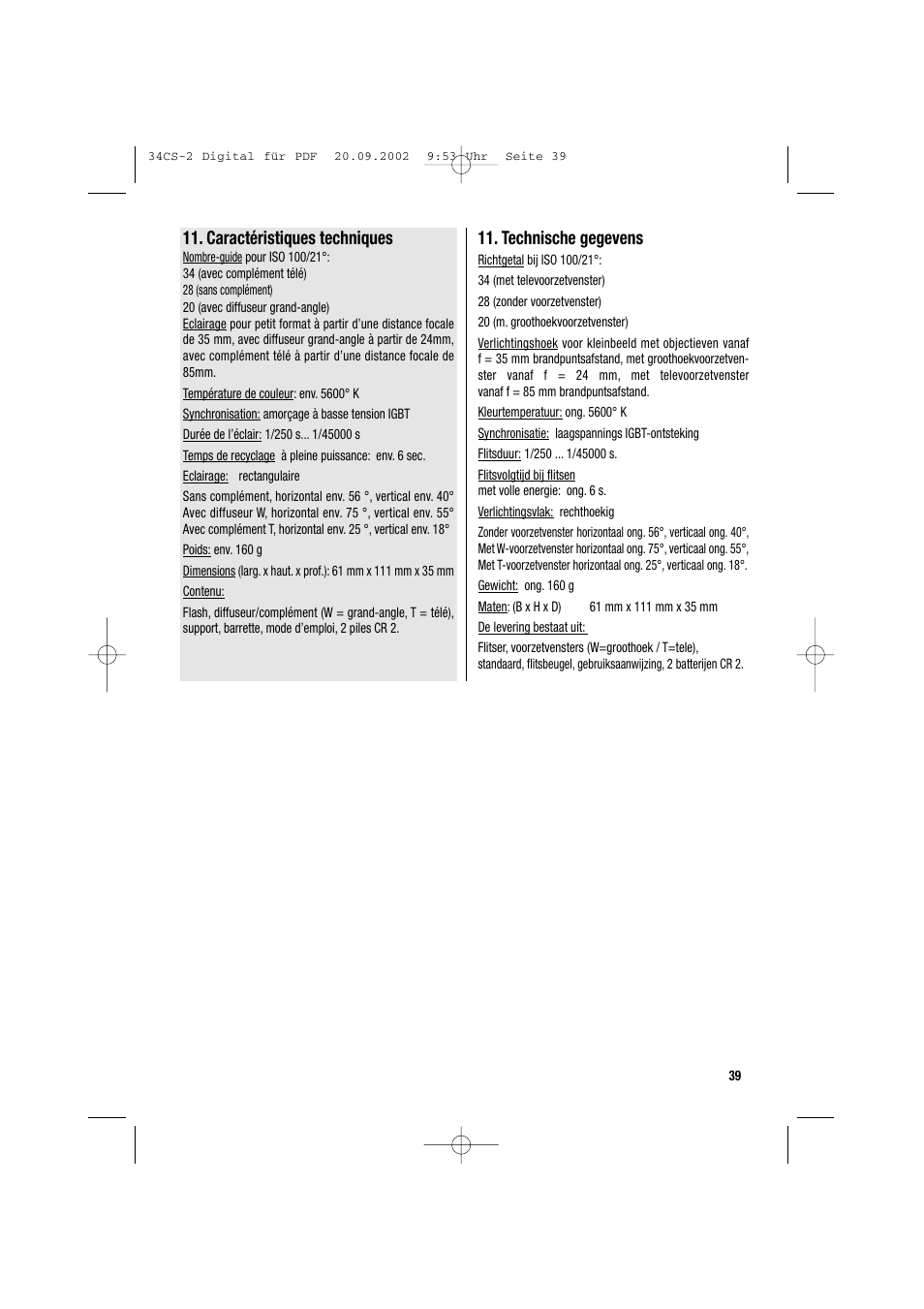 Caractéristiques techniques, Technische gegevens | Metz 34 CS-2 User Manual | Page 39 / 80