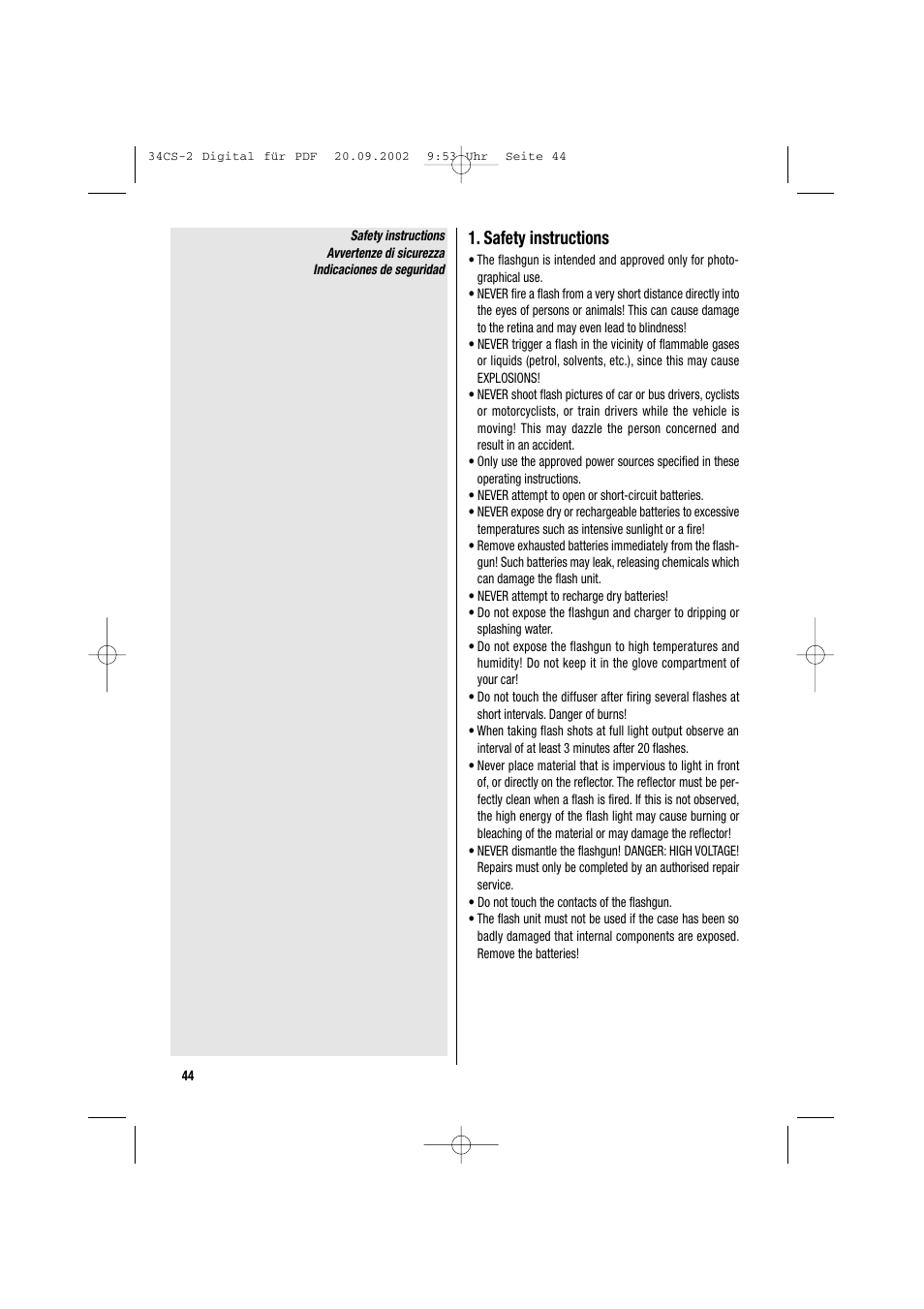 Safety instructions | Metz 34 CS-2 User Manual | Page 44 / 80