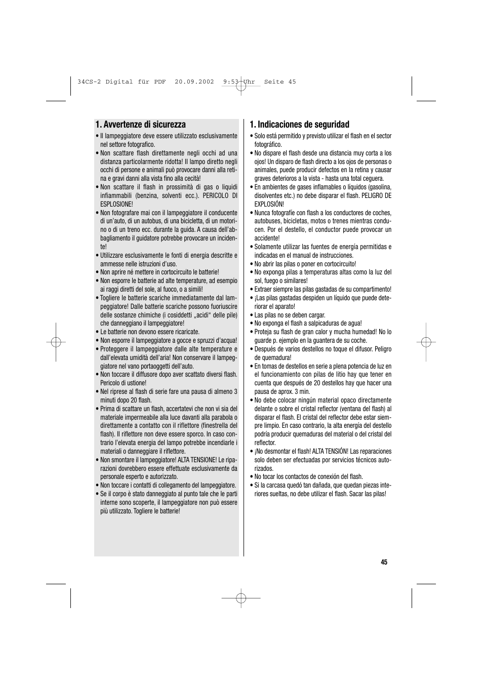 Avvertenze di sicurezza, Indicaciones de seguridad | Metz 34 CS-2 User Manual | Page 45 / 80