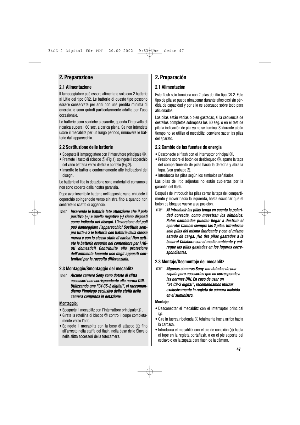 Preparazione, Preparación | Metz 34 CS-2 User Manual | Page 47 / 80