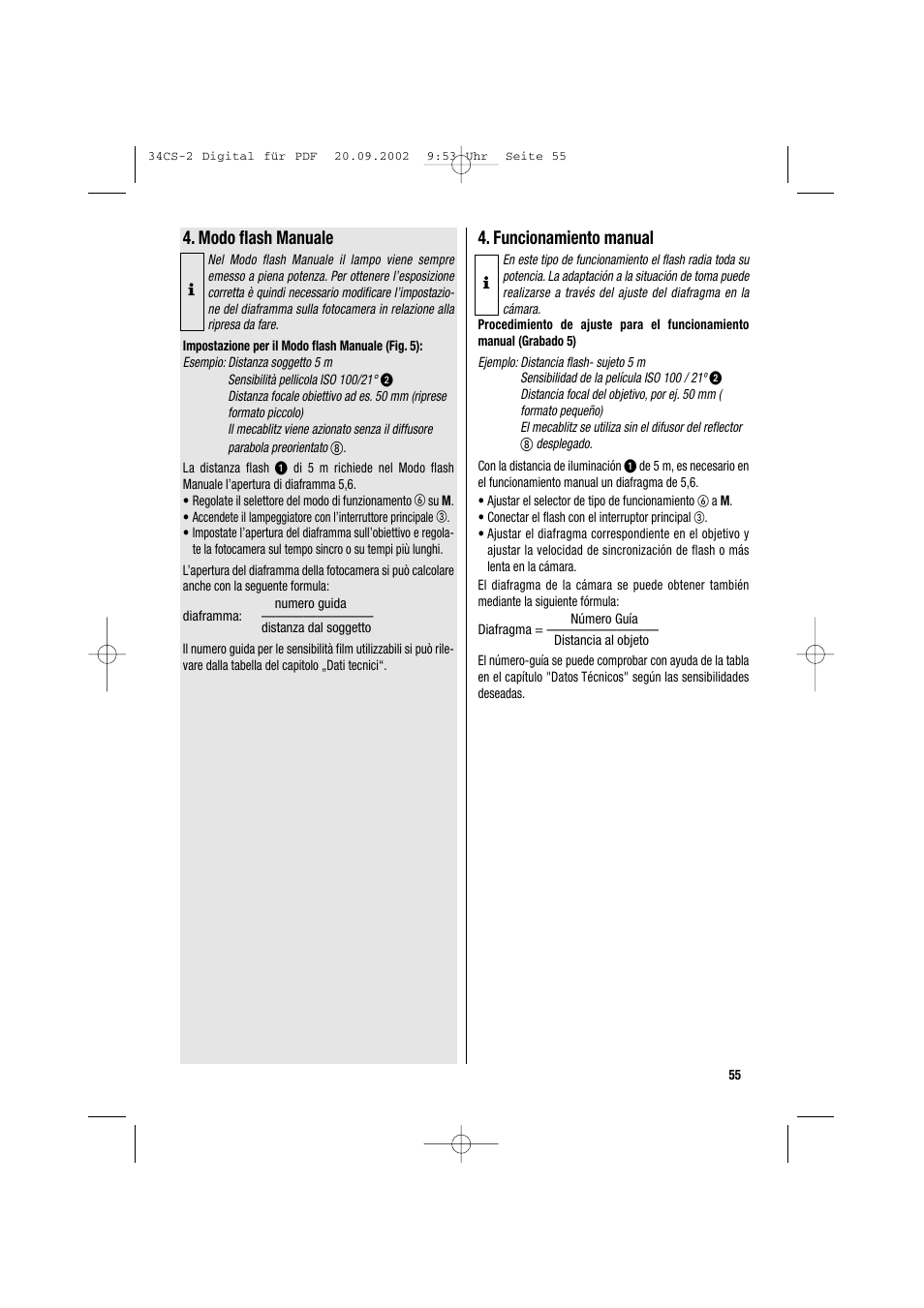 Modo flash manuale, Funcionamiento manual | Metz 34 CS-2 User Manual | Page 55 / 80