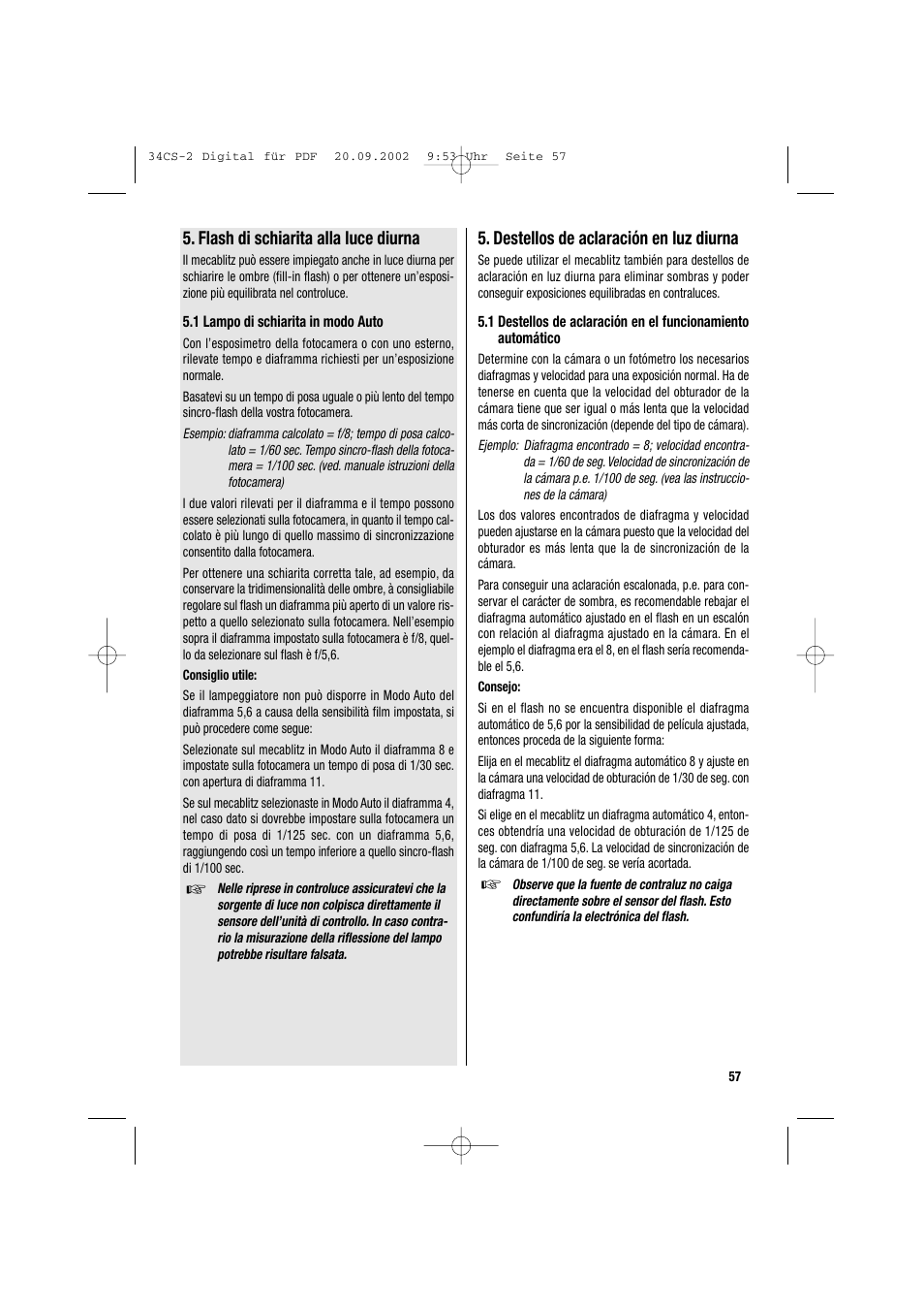 Flash di schiarita alla luce diurna, Destellos de aclaración en luz diurna | Metz 34 CS-2 User Manual | Page 57 / 80