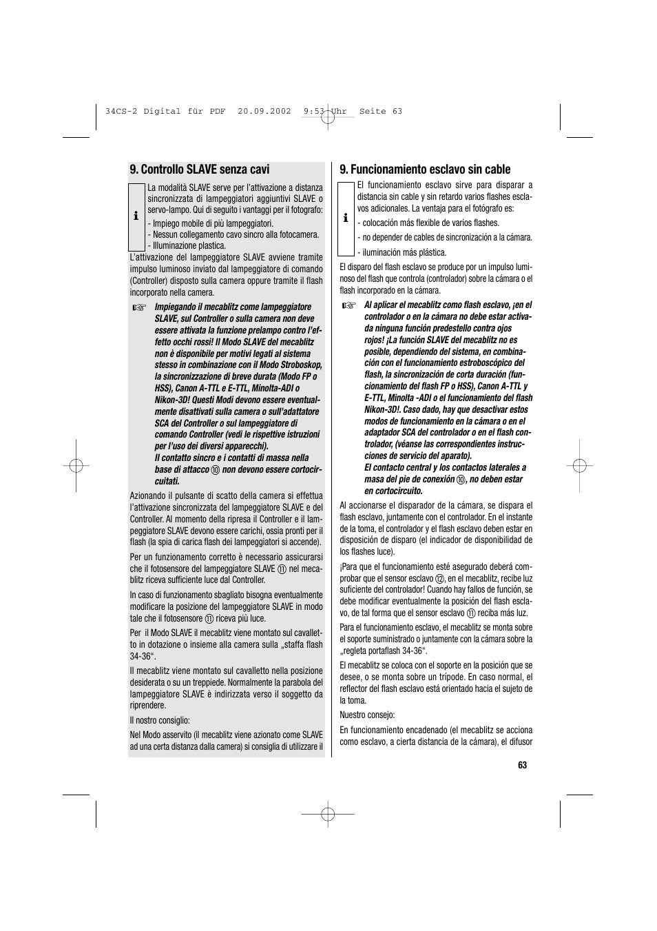 Controllo slave senza cavi, Funcionamiento esclavo sin cable | Metz 34 CS-2 User Manual | Page 63 / 80