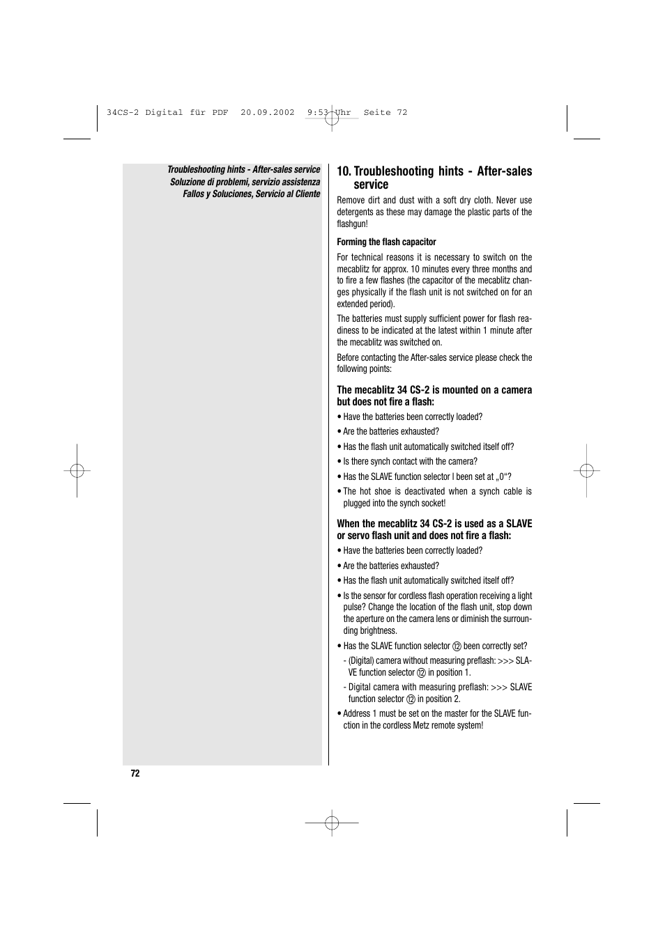 Troubleshooting hints - after-sales service | Metz 34 CS-2 User Manual | Page 72 / 80