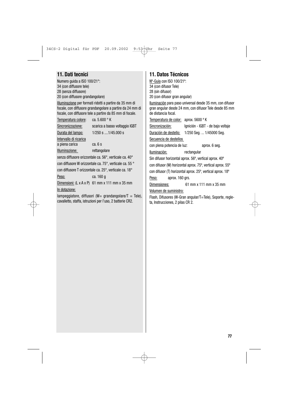 Dati tecnici, Datos técnicos | Metz 34 CS-2 User Manual | Page 77 / 80