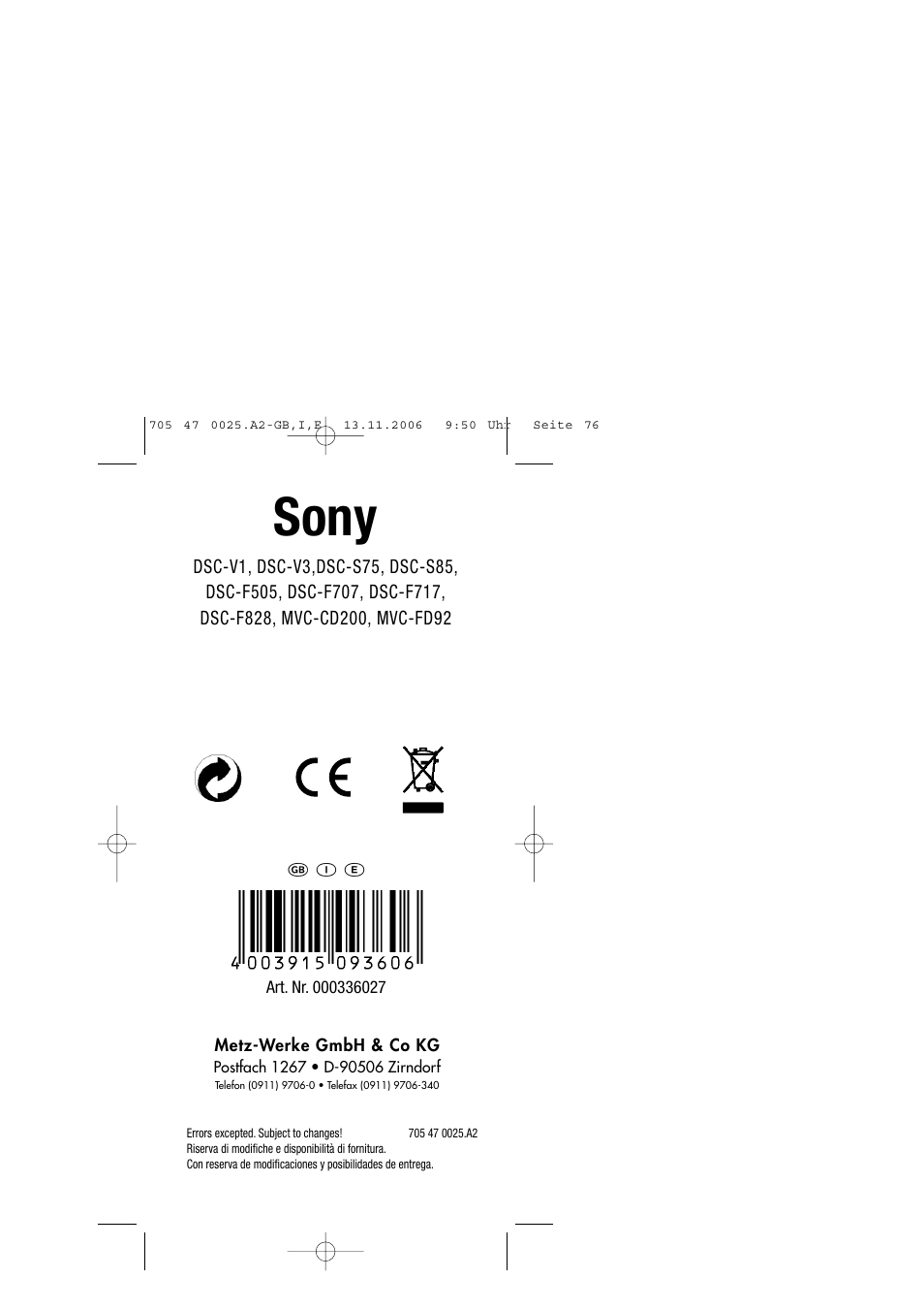 Sony, Ķ ƴ į | Metz SCA 3602 M4 User Manual | Page 76 / 76