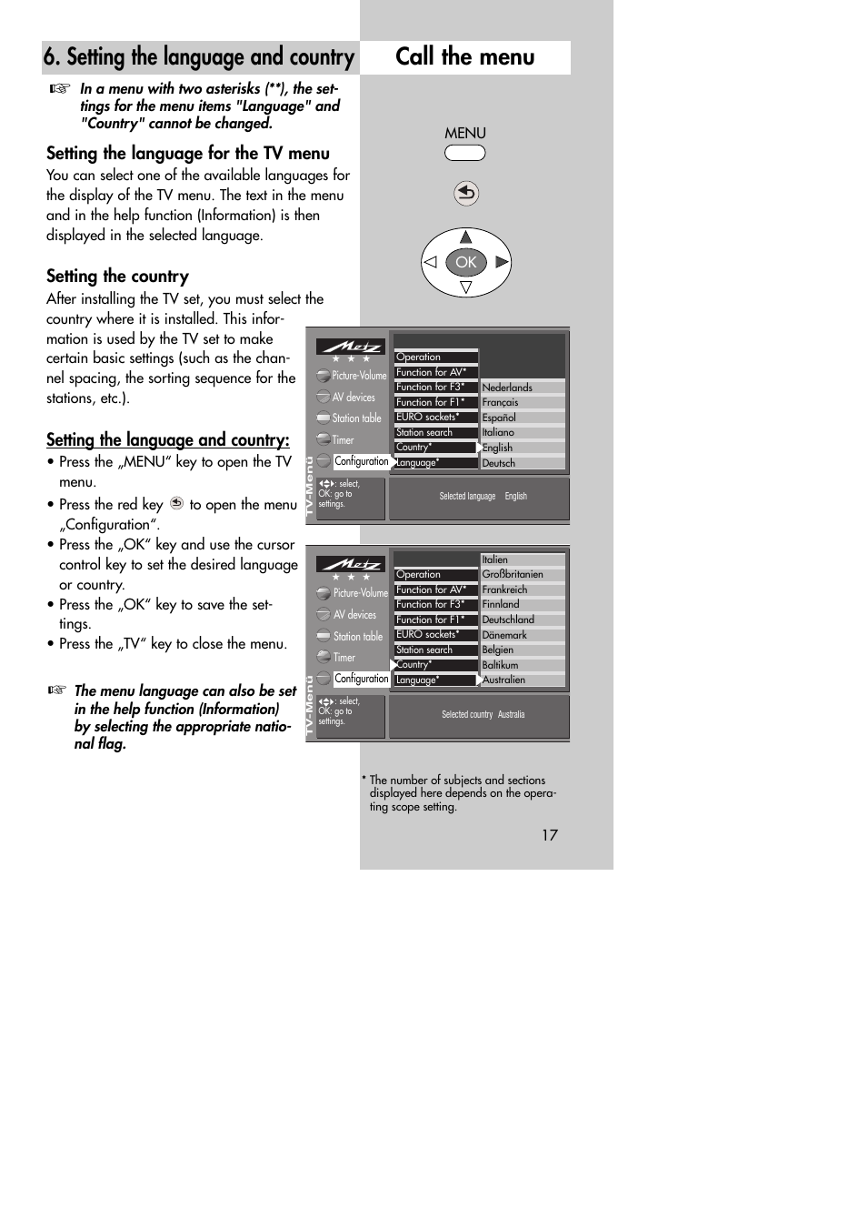 Setting the language and country, Call the menu, Setting the language for the tv menu | Setting the country | Metz MF 72TK80 User Manual | Page 17 / 88