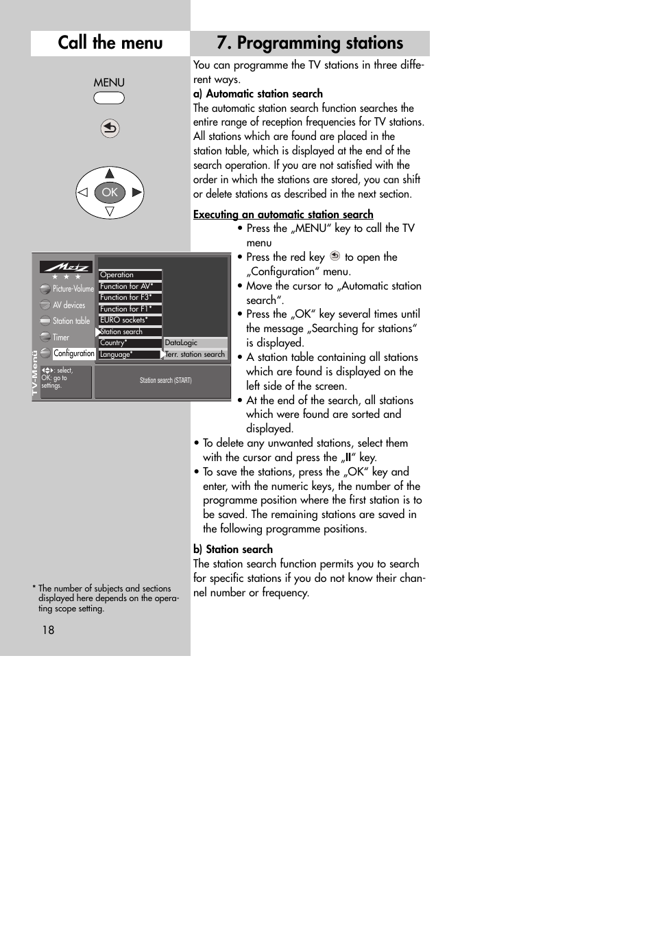 Programming stations, Call the menu | Metz MF 72TK80 User Manual | Page 18 / 88