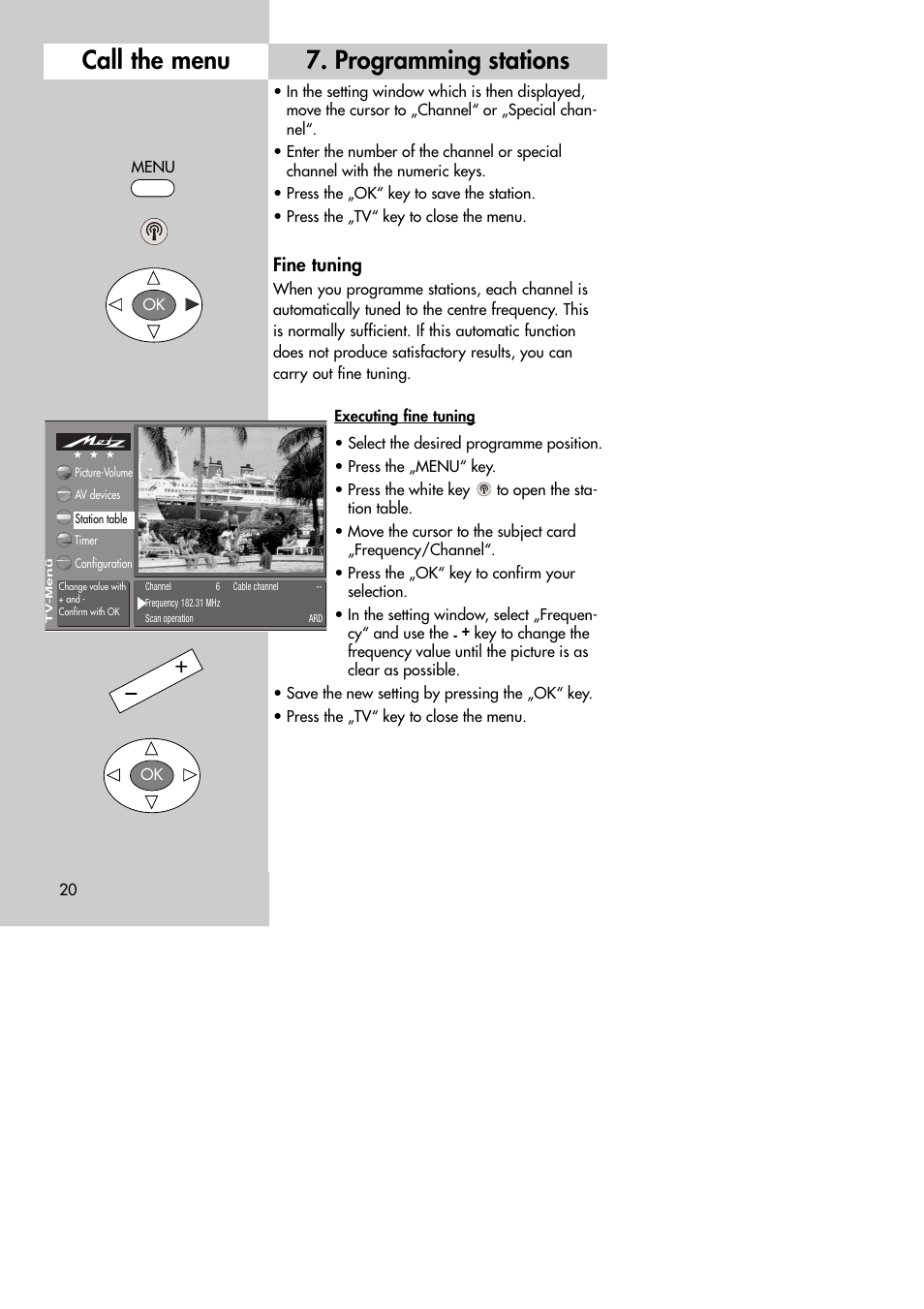 Programming stations call the menu, Fine tuning | Metz MF 72TK80 User Manual | Page 20 / 88