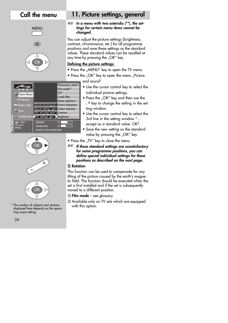 Picture settings, general call the menu | Metz MF 72TK80 User Manual | Page 24 / 88