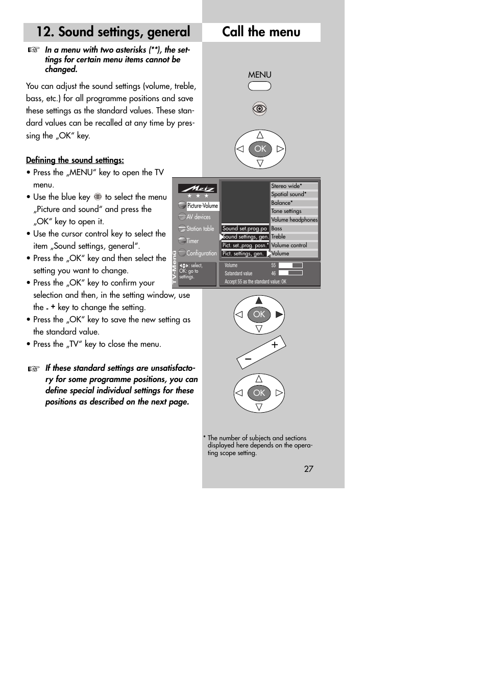 Call the menu 12. sound settings, general | Metz MF 72TK80 User Manual | Page 27 / 88