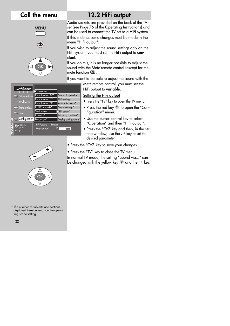 2 hifi output, Call the menu | Metz MF 72TK80 User Manual | Page 30 / 88