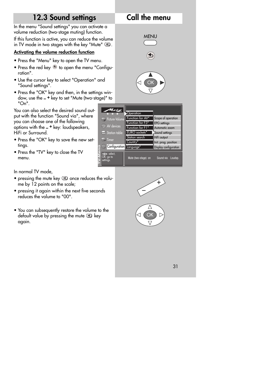 Call the menu, 3 sound settings | Metz MF 72TK80 User Manual | Page 31 / 88