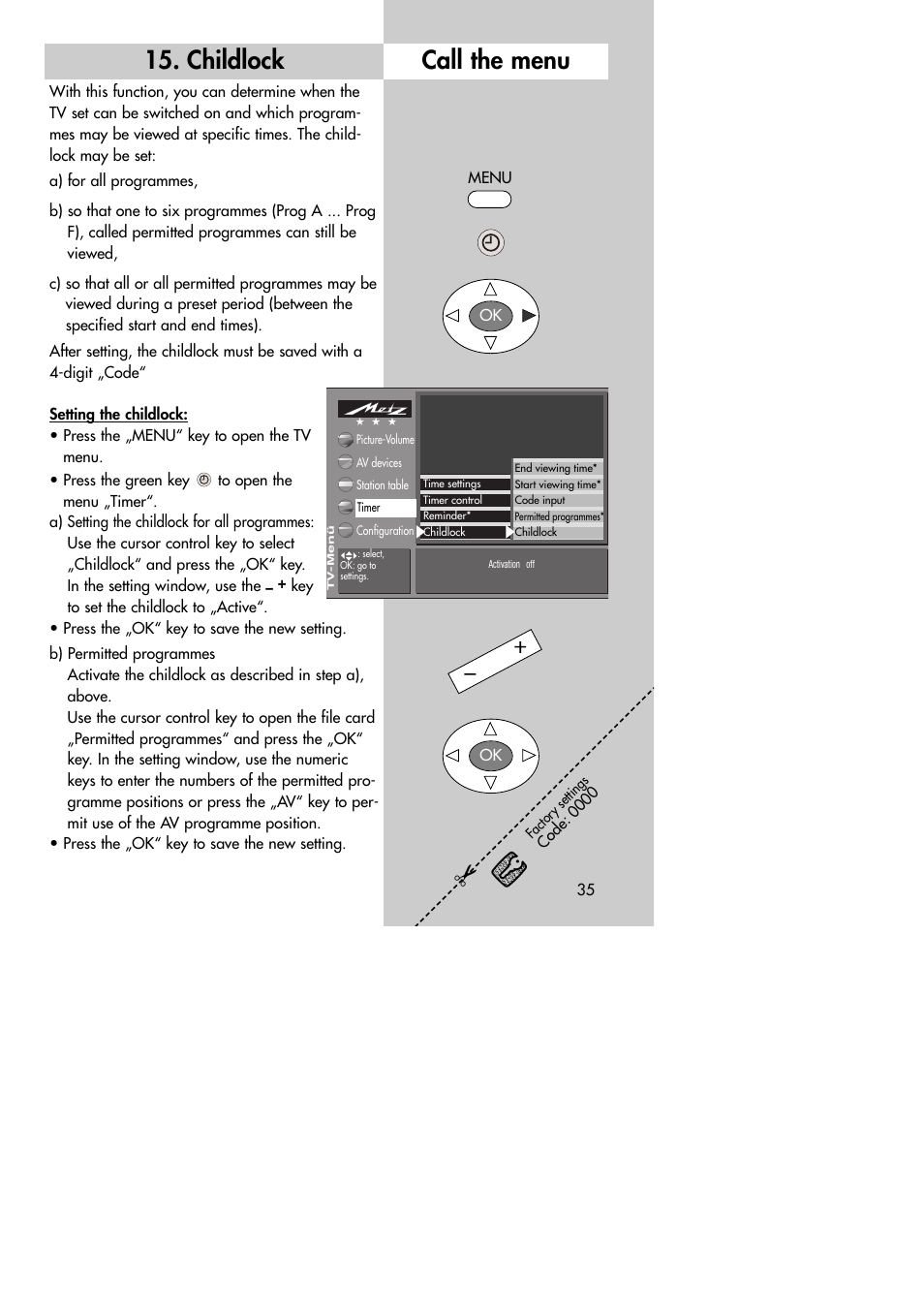 Call the menu 15. childlock | Metz MF 72TK80 User Manual | Page 35 / 88
