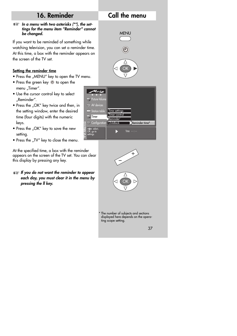 Reminder, Call the menu | Metz MF 72TK80 User Manual | Page 37 / 88