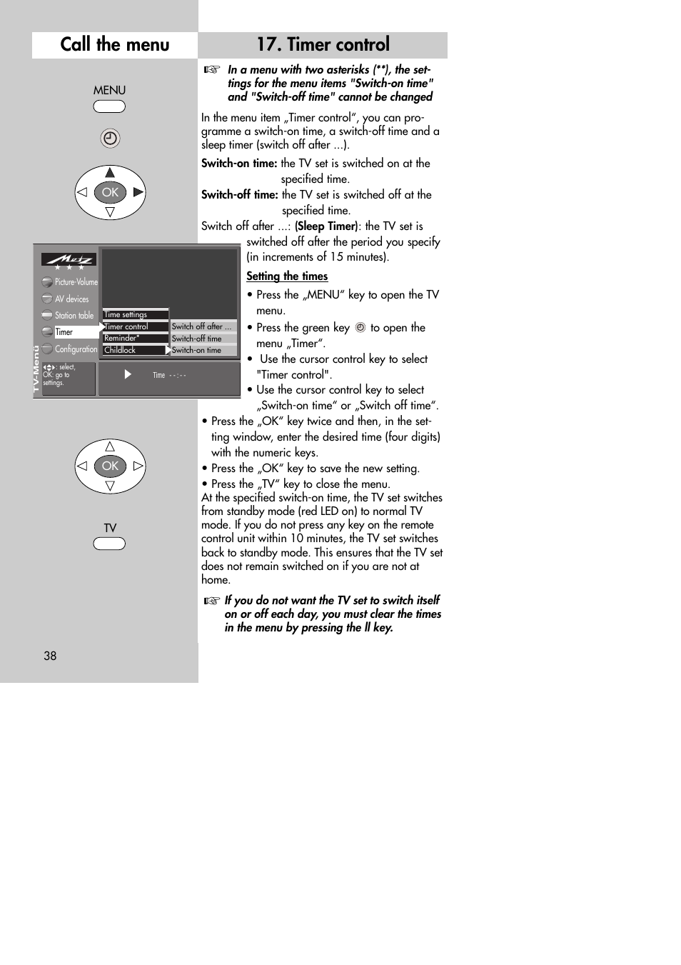 Timer control, Call the menu | Metz MF 72TK80 User Manual | Page 38 / 88