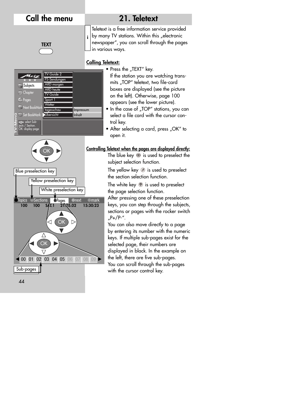 Teletext call the menu | Metz MF 72TK80 User Manual | Page 44 / 88