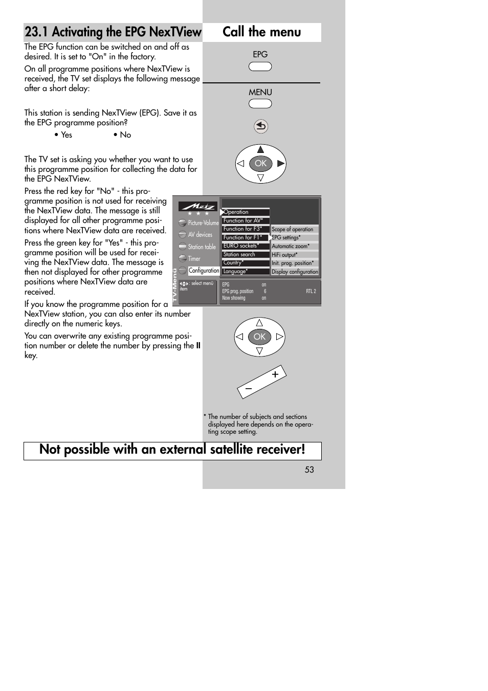 1 activating the epg nextview call the menu, Not possible with an external satellite receiver | Metz MF 72TK80 User Manual | Page 53 / 88