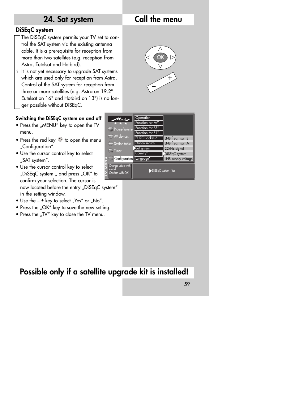 Call the menu 24. sat system, Diseqc system | Metz MF 72TK80 User Manual | Page 59 / 88