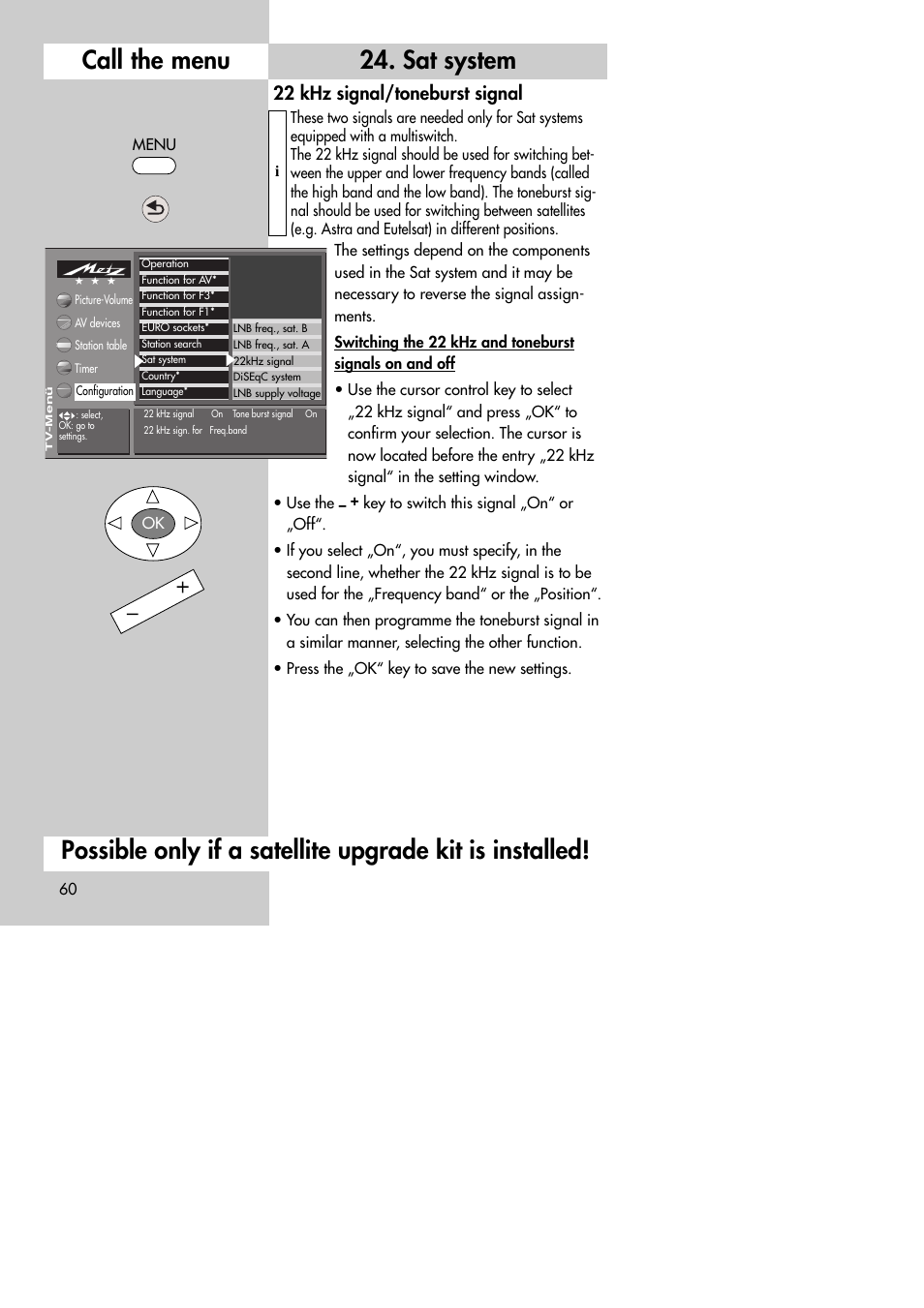Sat system call the menu, 22 khz signal/toneburst signal | Metz MF 72TK80 User Manual | Page 60 / 88