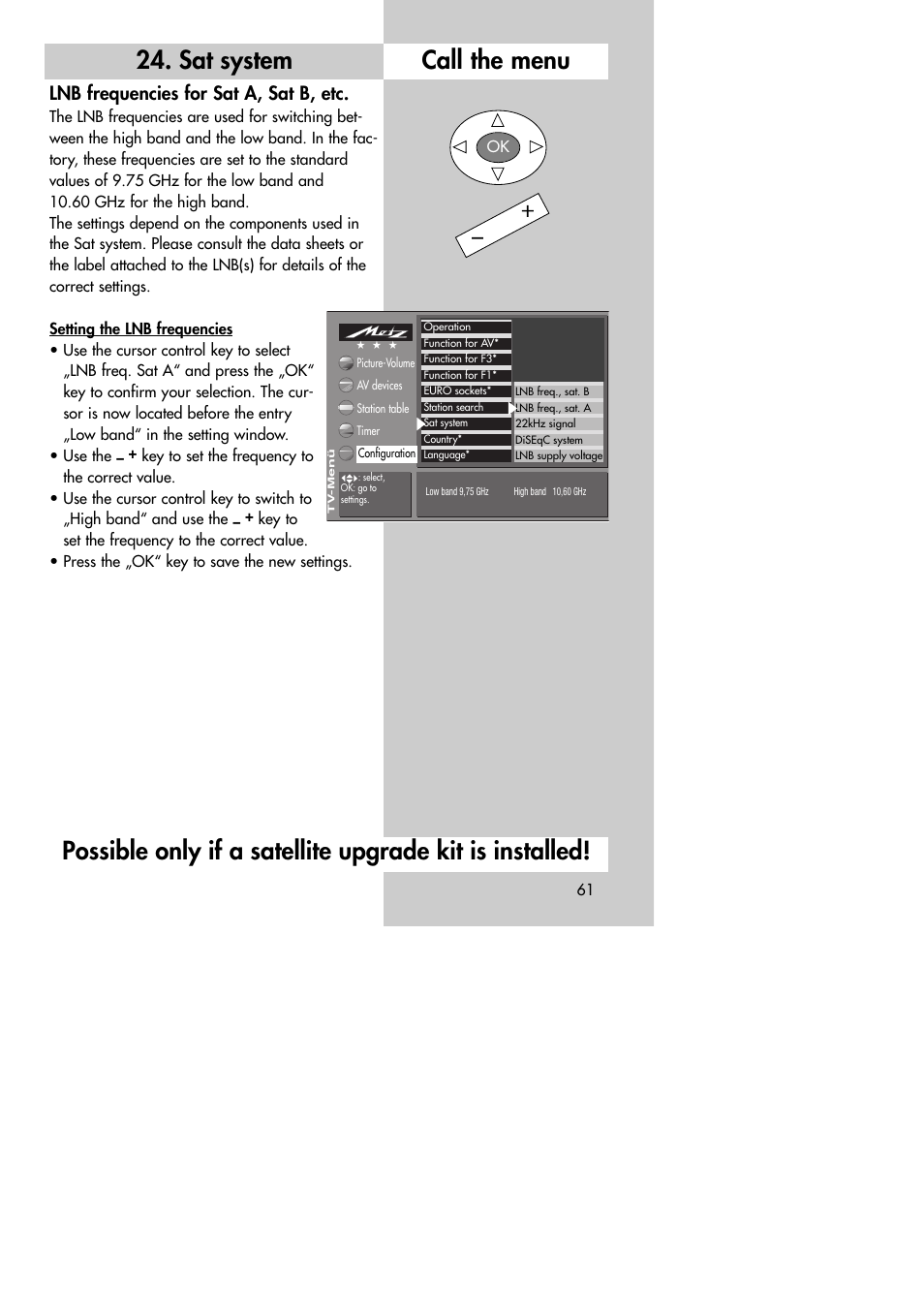 Sat system call the menu, Lnb frequencies for sat a, sat b, etc | Metz MF 72TK80 User Manual | Page 61 / 88