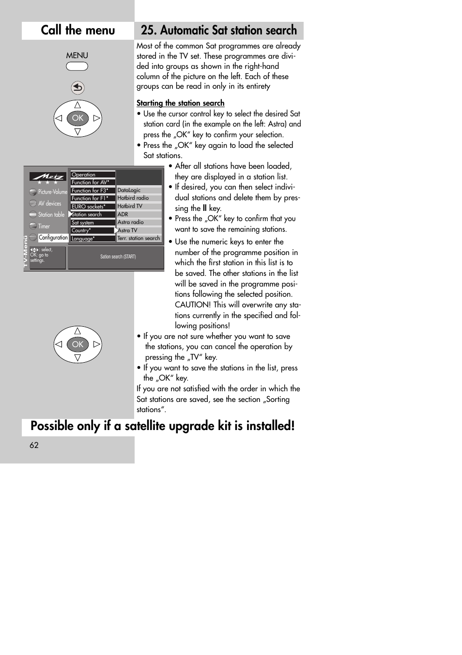 Automatic sat station search call the menu | Metz MF 72TK80 User Manual | Page 62 / 88