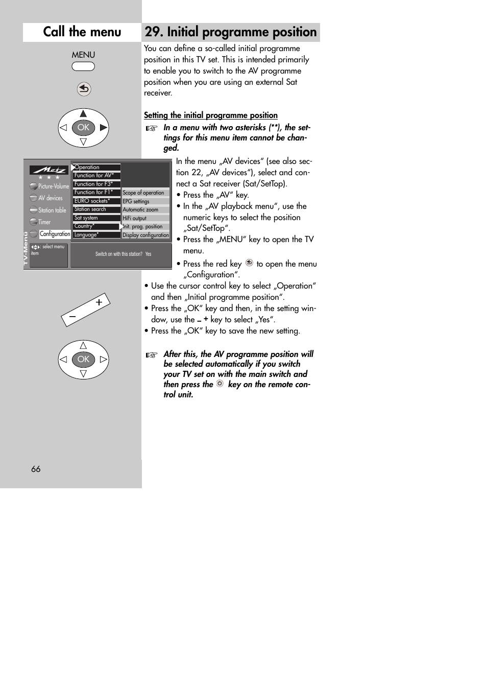 Initial programme position, Call the menu | Metz MF 72TK80 User Manual | Page 66 / 88