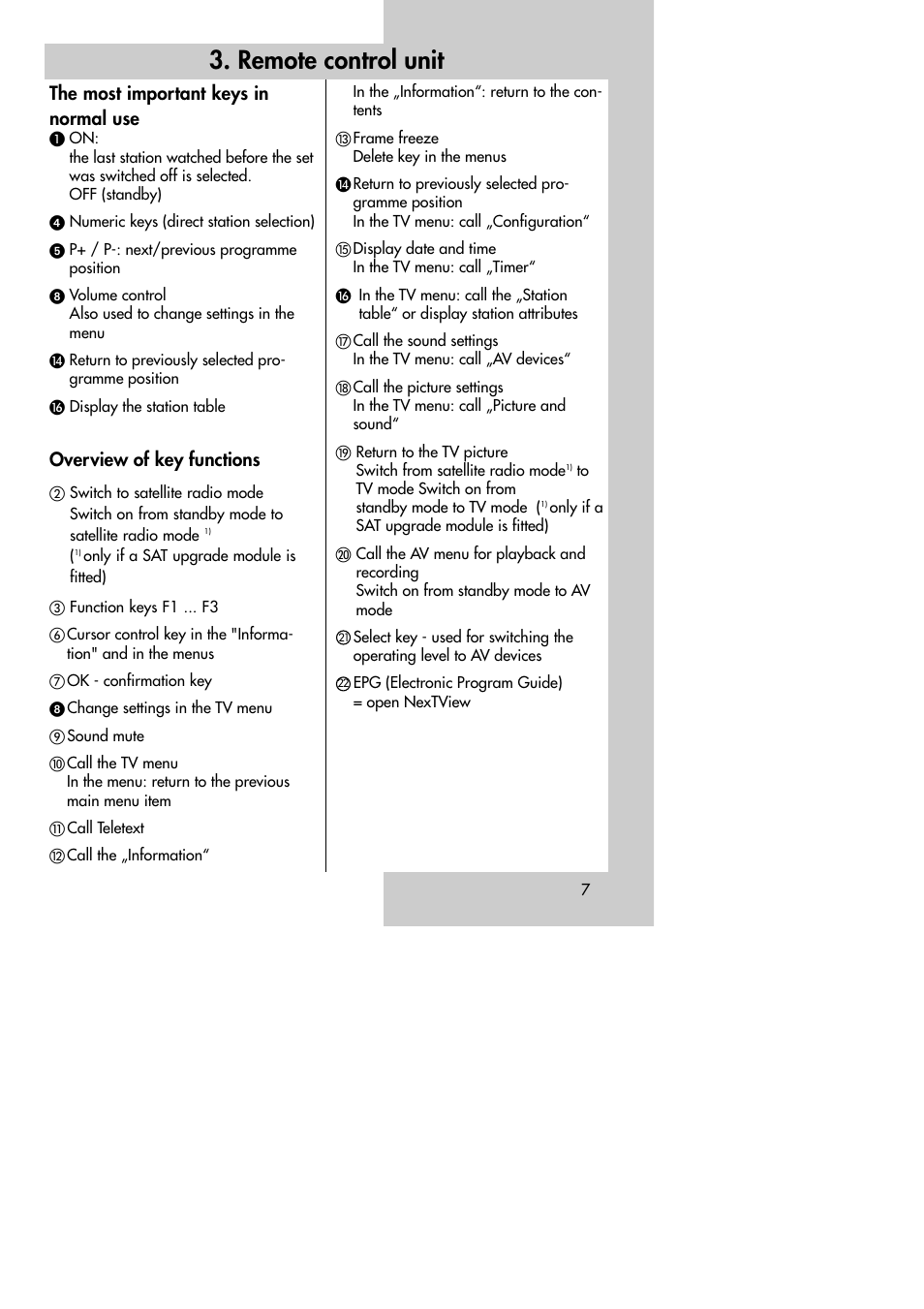 Remote control unit, The most important keys in normal use, Overview of key functions | Metz MF 72TK80 User Manual | Page 7 / 88