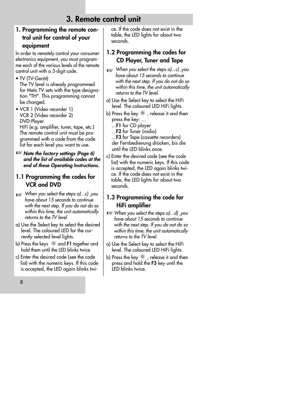 Remote control unit | Metz MF 72TK80 User Manual | Page 8 / 88