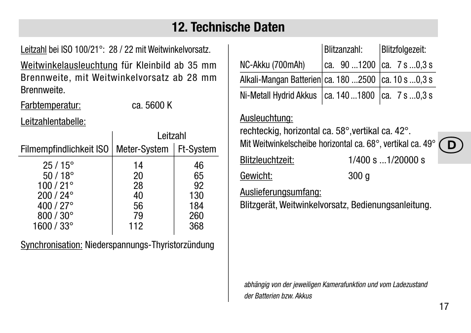 Technische daten | Metz 28 AF-4 C User Manual | Page 17 / 76