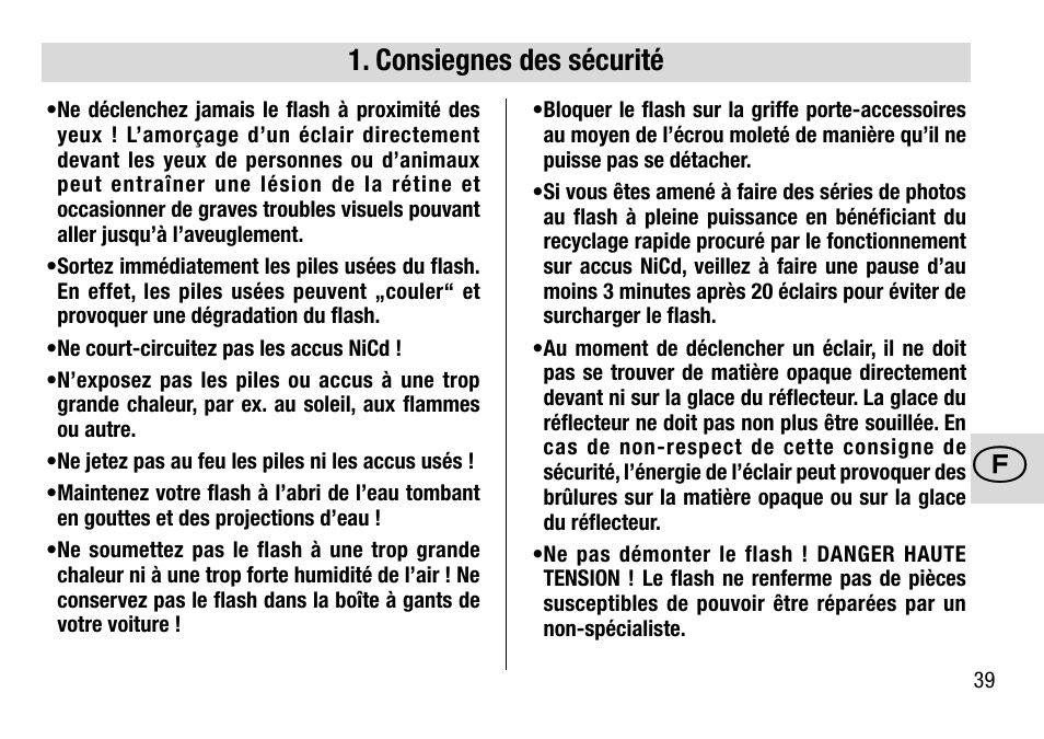 Consiegnes des sécurité | Metz 28 AF-4 C User Manual | Page 39 / 76