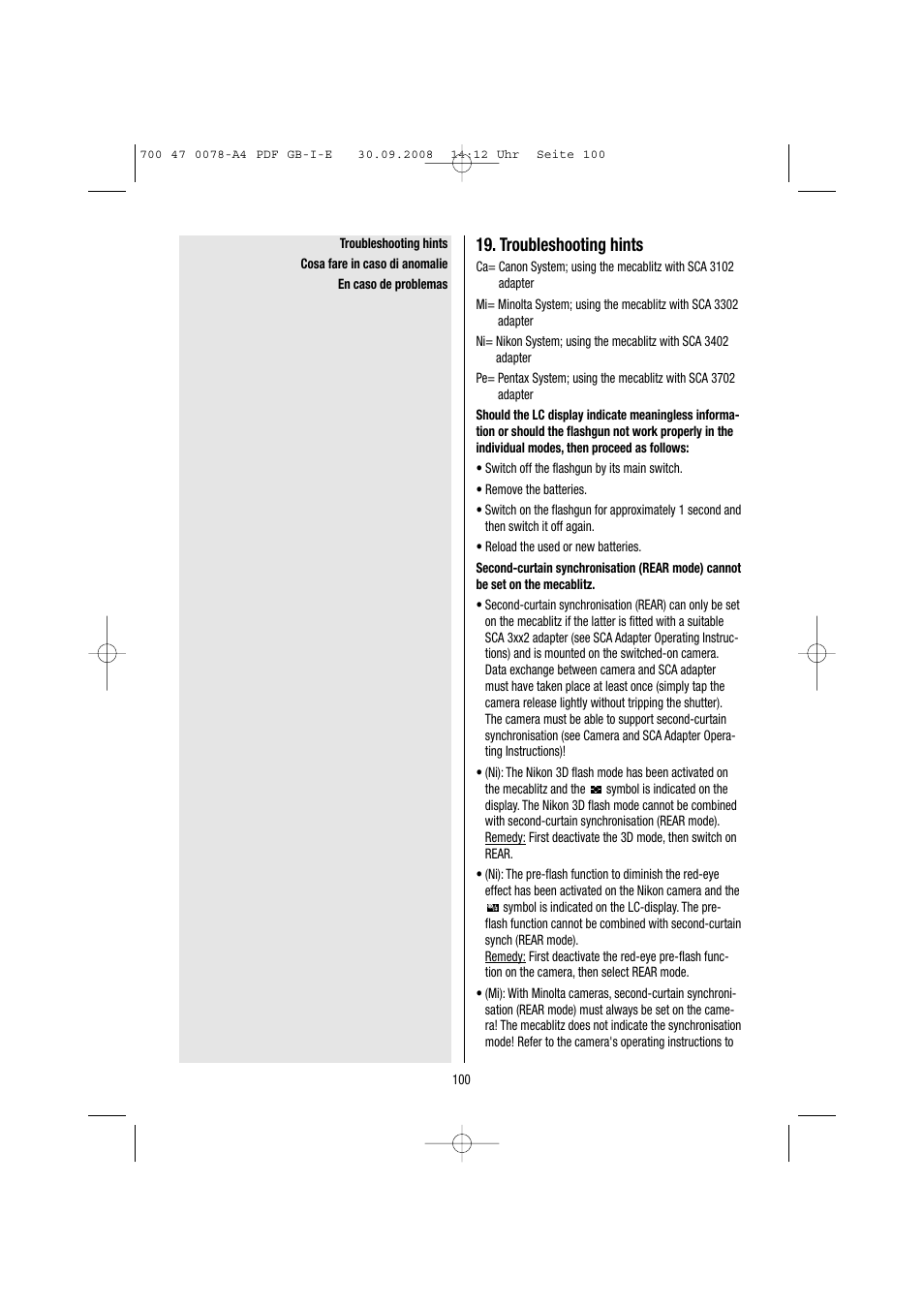 Troubleshooting hints | Metz Mecablitz 54 MZ-3 User Manual | Page 100 / 122