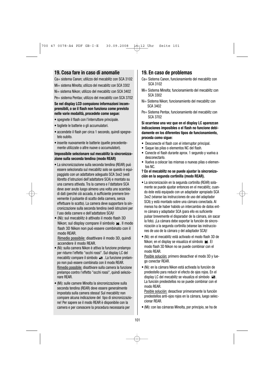 Cosa fare in caso di anomalie, En caso de problemas | Metz Mecablitz 54 MZ-3 User Manual | Page 101 / 122