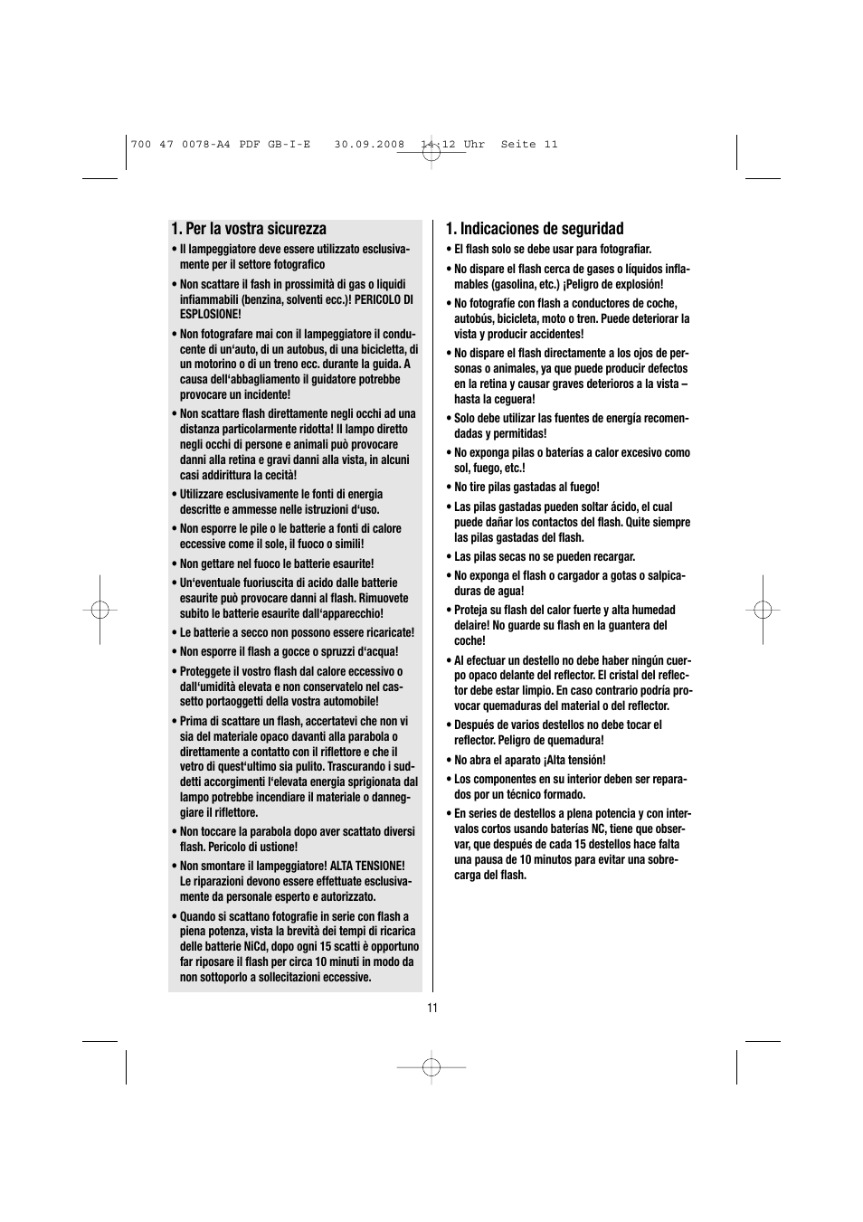 Indicaciones de seguridad, Per la vostra sicurezza | Metz Mecablitz 54 MZ-3 User Manual | Page 11 / 122