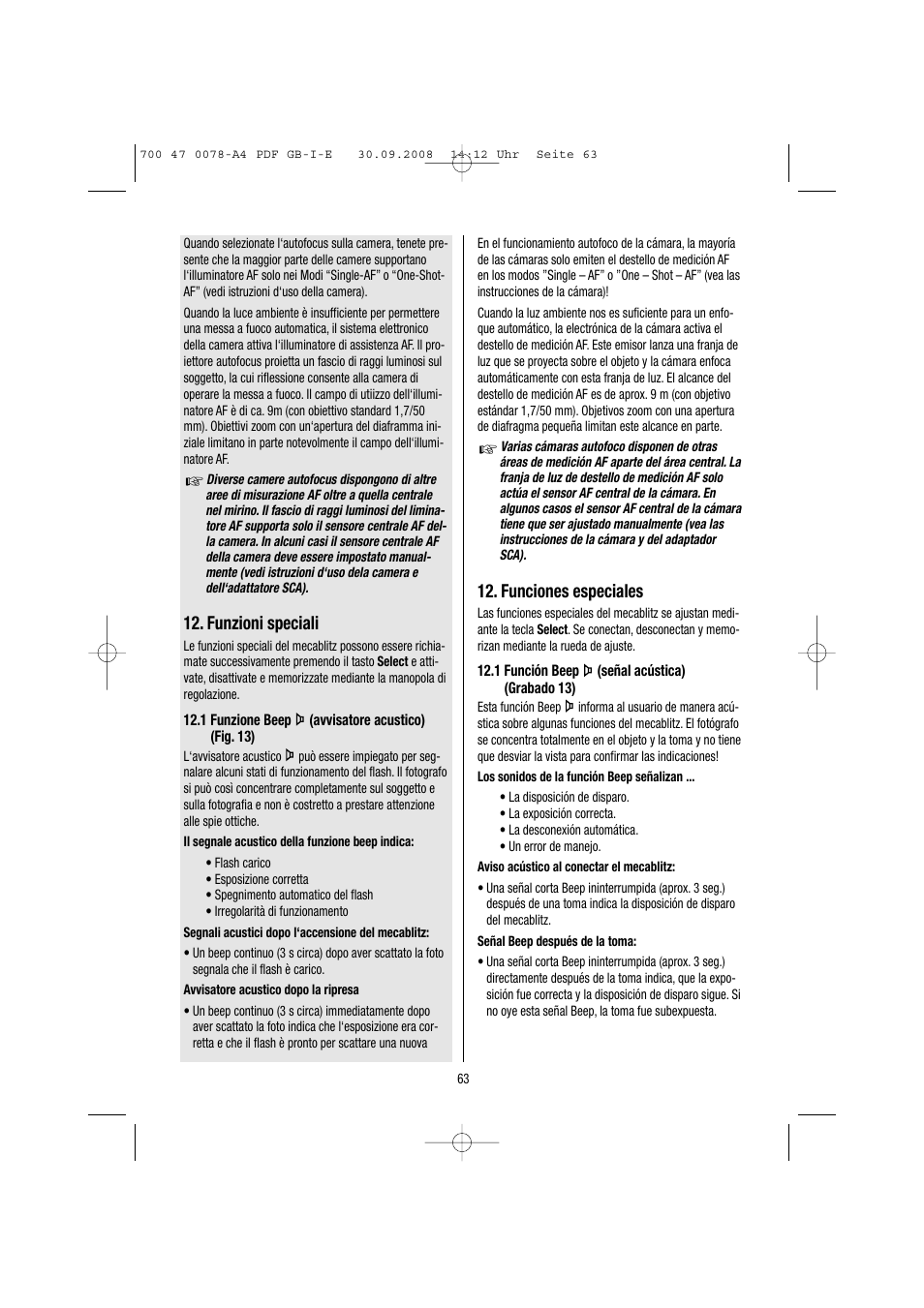 Funciones especiales, Funzioni speciali | Metz Mecablitz 54 MZ-3 User Manual | Page 63 / 122